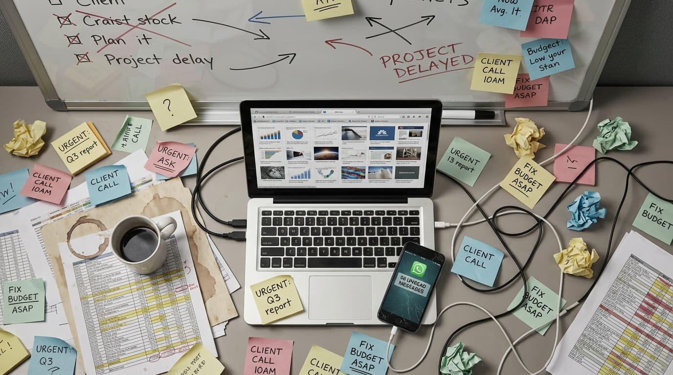 Ilustración de una operación desordenada: post-its, chats cruzados, hojas de cálculo y confusión