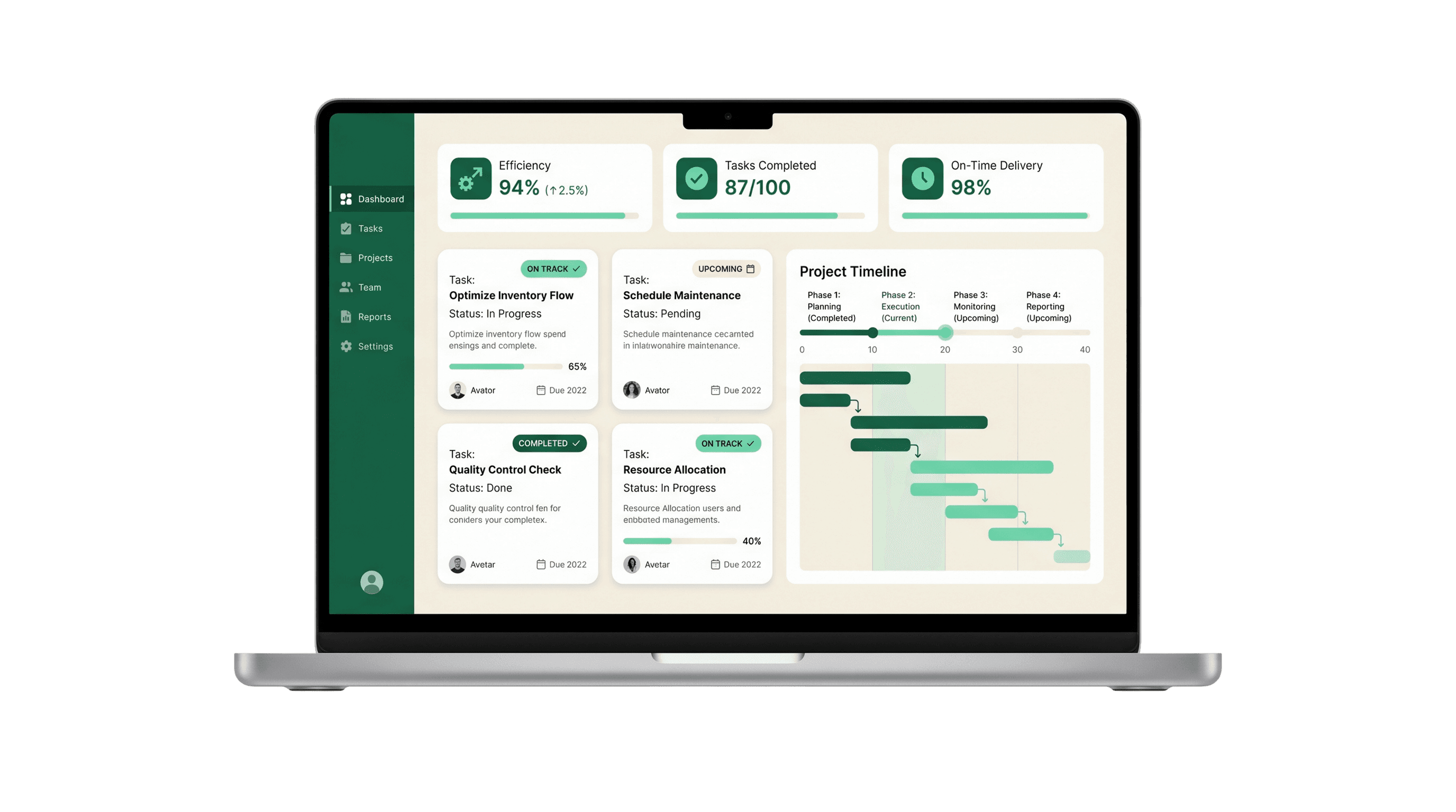 Dashboard de Savia Apps mostrando métricas operativas, tareas y timeline de proyecto